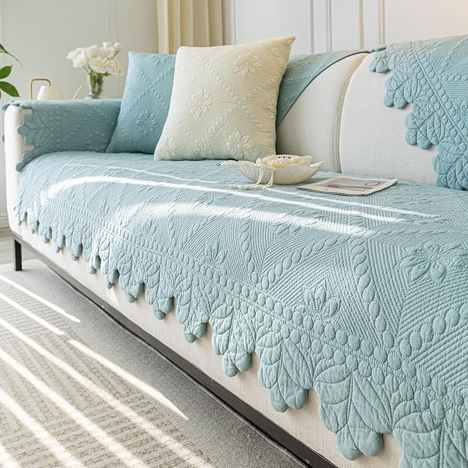 Cotton Quilted Dog Couch Cover for Sofa Farmhouse Rustic Embroidery Sectional Couch Cover Soft Anti-Slip Sofa Slipcover Furniture Protector for Kids, Pets (Blue,43"x70")