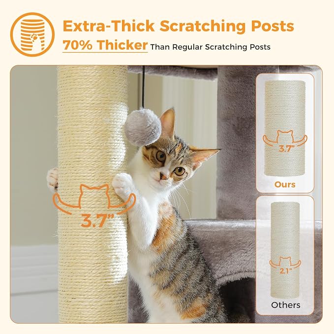 MUTTROS Large Cat Tree with Reinforced Scratching Posts (φ3.7in) for Big Adult Cats 30 lbs, 57.8" Heavy Duty Cat Tower with Larger Hammock and Condo, Cat Furniture for Maine Coon, Plush,Grey