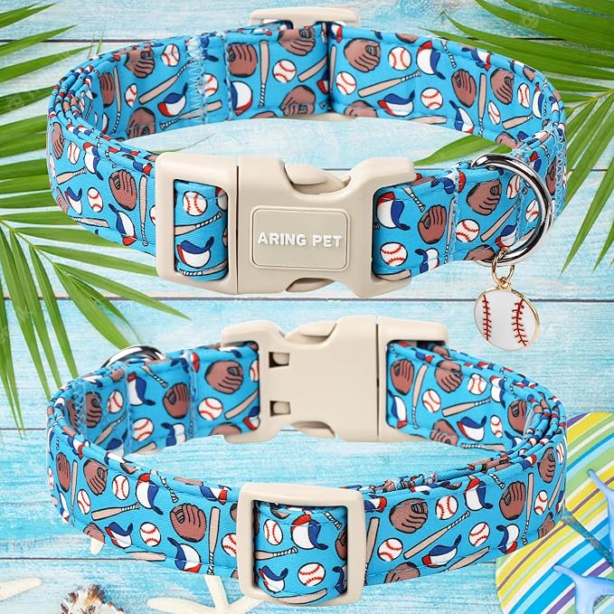 ARING PET Baseball Dog Collar, Cute Summer Blue Pet Collars with Quick Release Buckle for Puppy Small Medium Large Boy Girl Dogs-M