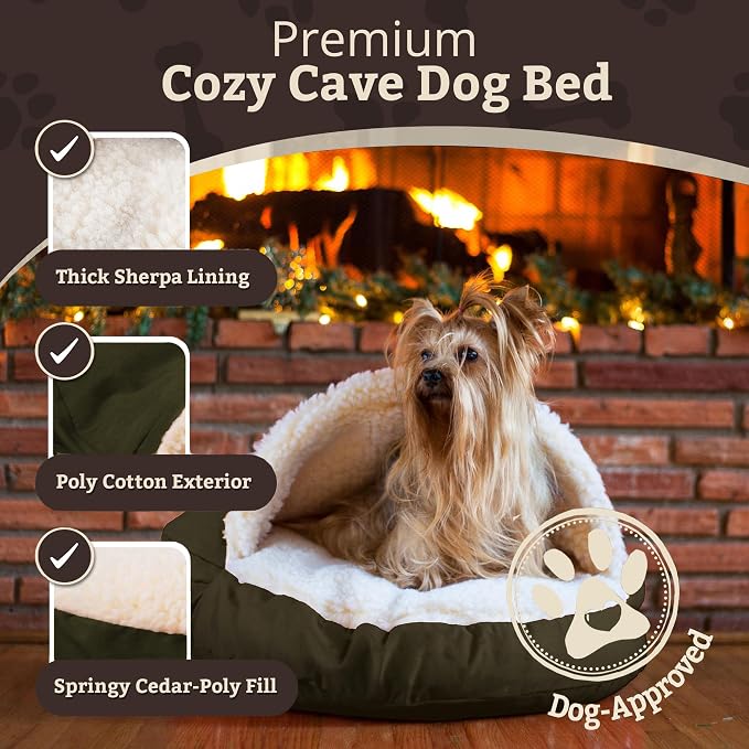 Snoozer Cozy Cave Dog Bed - Indoor Dog Bed with Cover Cave, Covered Calming Burrow for Small Sized Pets with Blanket Attached, Enclosed, Removable Washable Cover - Small, Olive