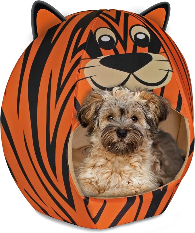 Maccabi Art Tiger Theme Dog Bed - Cute Igloo Style Pet Bet - Fits Medium Dogs, Puppies, Cats - Pillow Insert with Plush Lined Interrior, Non-Slip Igloo Design - 25 x 25 x 22