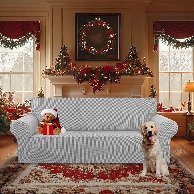 KEKUOU Stretch Oversized Sofa Slipcover 1 Piece Couch Sofa Cover (94"-110") Furniture Protector 4 Seater Sofa with Elastic Bottom for Kids,Pet.Jacquard Checked Pattern Fabric(X Large,Silver)