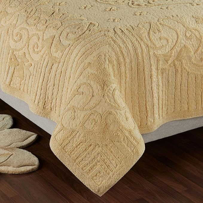 Lorenza Pure Cotton Chenille Bedding | Warm Buttercup Yellow | Soft Tufted Scrollwork and Floral Designs | Solid Color 3-Piece Quilted Bed Set includes Oversized Queen Quilt & 2 Standard Pillow Shams