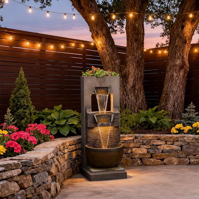 Sunlinua 39H Modern Outdoor Water Fountain with LED Light Garden Cascading Waterfall Feature for Indoor or Outdoor Cascading Waterfall for Relaxing Garden Patio Backyard Deck Porch or Home Décor