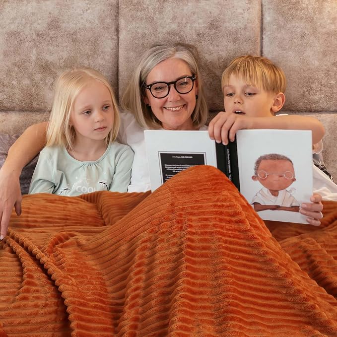 Bnuitland Orange Fleece Throw Blanket 90"x108",300GSM Large Big Soft Cozy Warm Lightweight Stripe Pattern for Bed Sofa Home Decor,Suitable for Adults Family All Season