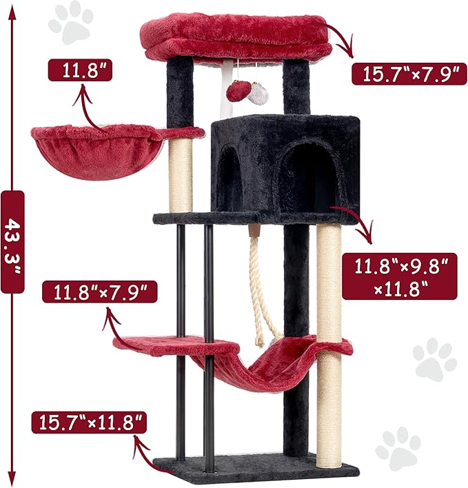 Gitelsnour Cat Tree, Cat Tower for Indoor Cats, 43.3 inch Gothic Cat Tree Tower with Sturdy Steel Tube, Hammock, Cat Condo for Small Cats and Kittens, Scratching Post, Black and red GCT004SBR