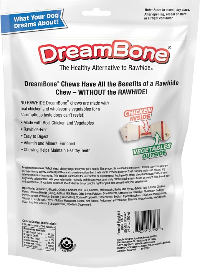 DreamBone Chicken Mini Bone Dog Treats, Daily Rawhide-Free Chew, Digests Safely and Completely, With Real Protein, Chicken and Veggies, 50 count