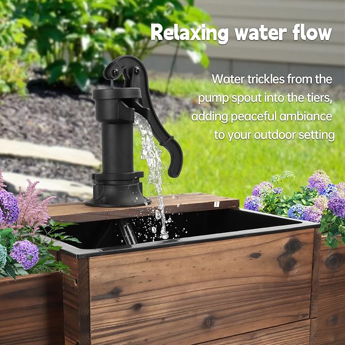 OIPRTGFJ Outdoor Water Fountain,Floor Wooden Pump Old-Fashioned Fountain with Flower Box,Solar Decorative Hand Pump, Outdoor Water Feature for Garden Patio Backyard (Solar Rectangular Pump)