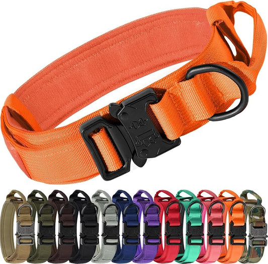 Joytale Tactical Dog Collar with Handle and Metal Buckle, Heavy Duty Padded Military Collar with 2 Patches for Training, Adjustable for Medium Dogs, Orange, M