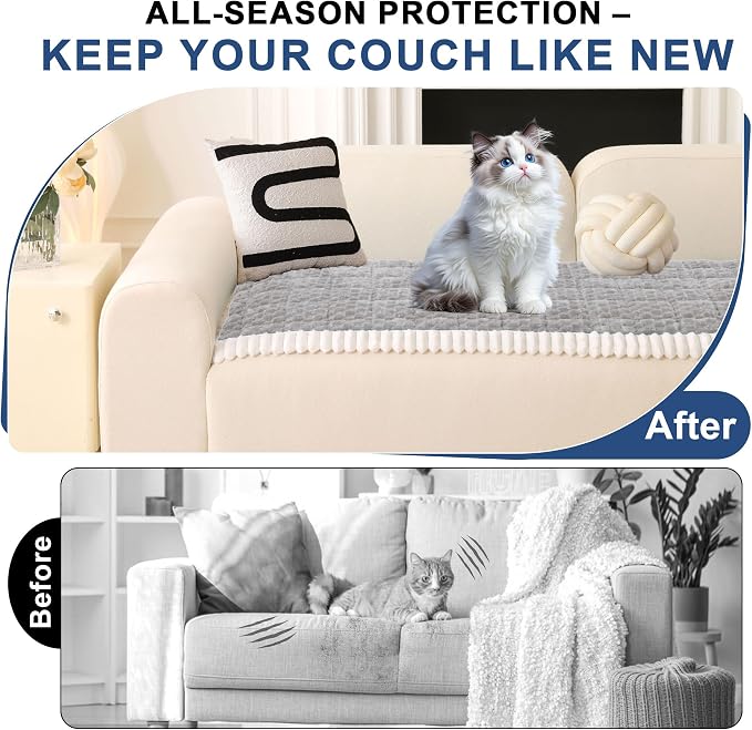 OTOB Couch Cover for Dogs Washable Non Slip Plush Sofa Covers for 3 Cushion Couch, All Seasons Fuzzy Kids Pet Friendly Sofa Slipcovers Furniture Protector Bed Mat (Light Gray, 27.6" x 70.9")