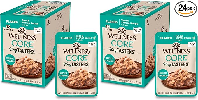 Wellness CORE Tiny Tasters Flaked Adult Wet Cat Food,Natural,Protein-Rich,Grain Free,1.75-Ounce Pouch,(Tuna & Salmon),(Pack of 24)