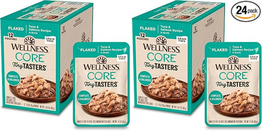 Wellness CORE Tiny Tasters Flaked Adult Wet Cat Food,Natural,Protein-Rich,Grain Free,1.75-Ounce Pouch,(Tuna & Salmon),(Pack of 24)