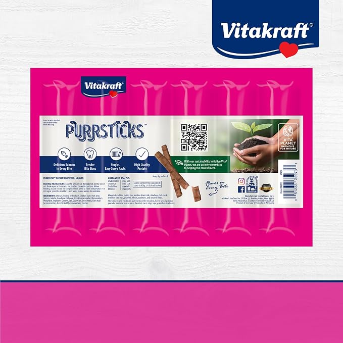 Vitakraft PurrSticks for Cats - Nutritious & Healthy Soft Cat Treats - Gently Oven Roasted Meat Sticks for Cats w/ 70% Meat - Easy-to-Serve Cat Chew Sticks (Salmon, 60 Pack)