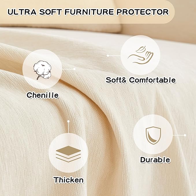 MYSKY HOME Couch Cover for Sectional Sofa, 2 Pieces Chenille Couch Covers for L Shape Sofa Cover, Furniture Protector for Pets, Kids, Sofa Slipcover for 2-3 Cushion Couch (71"x118"+71"x118", Beige)