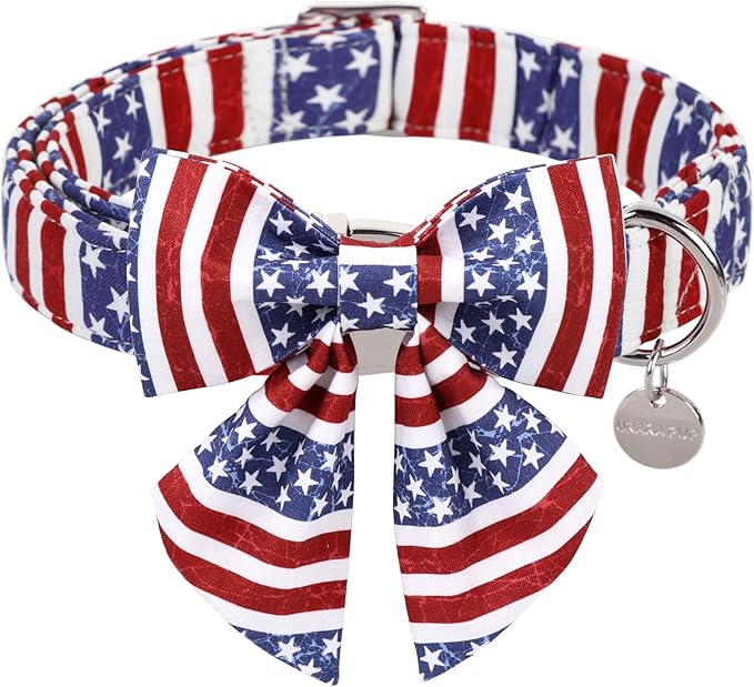 Patriotic Dog Collar with Bow Tie, 4th of July Bowtie Dog Collar, American Flag Collar for Large Boy Girl Dog, Comfortable Summer Bowtie Collar with Metal Buckle, L