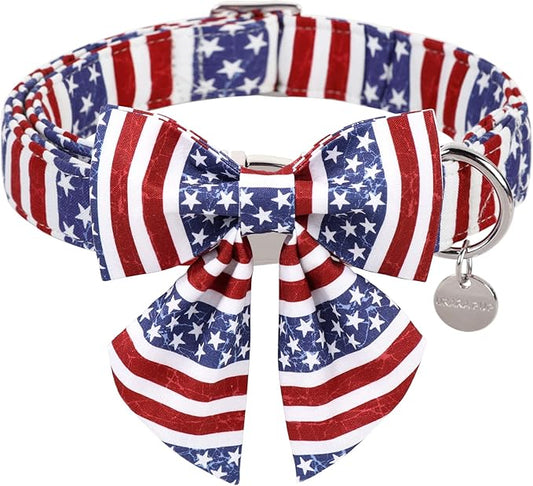 Patriotic Dog Collar with Bow Tie, 4th of July Bowtie Dog Collar, American Flag Collar for X-Large Boy Girl Dog, Comfortable Summer Bowtie Collar with Metal Buckle, XL
