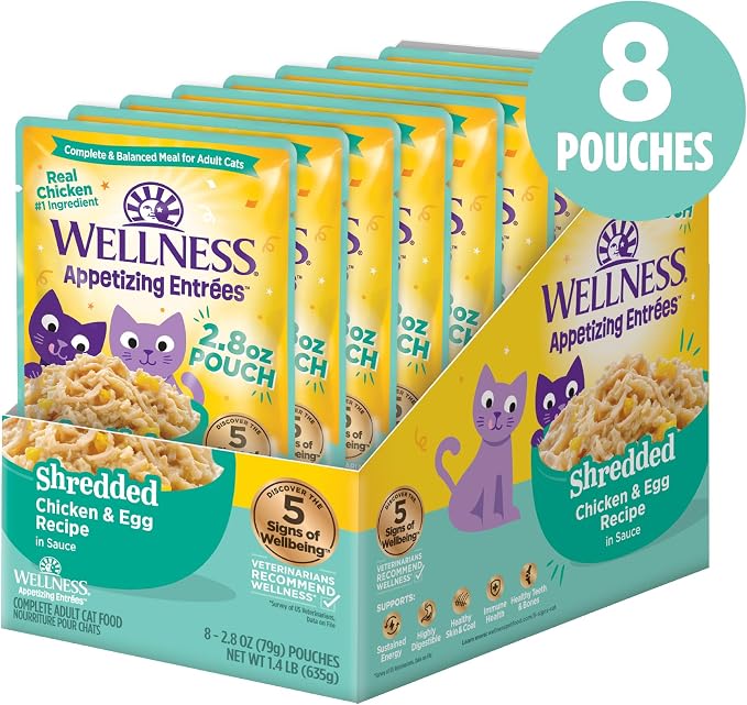 Wellness Appetizing Shredded Flaked Adult Wet Cat Food, Natural, Protein Rich, Grain Free, Chicken and Egg Recipe, 2.8 oz, Pack of 8 Pouches
