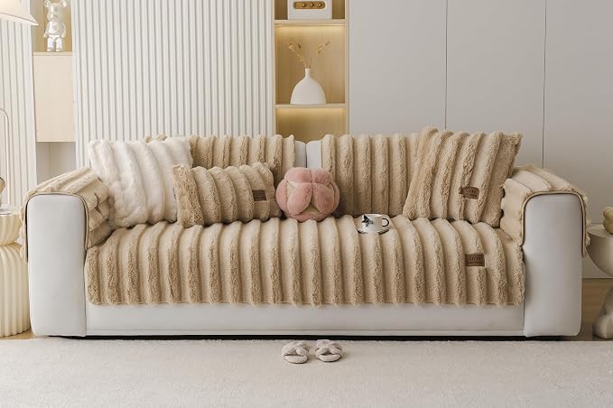 Fuzzy Rabbit Plush Sofa Cover Thick Soft Fur Sectional Couch Cover Furry Fluffy Cushion Cover Non-Slip Sofa Slipcovers Vertical Stripe Furniture Protector for Dogs Cats(Coffee,28"x28")