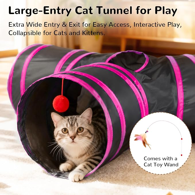 Tempcore Cat Tunnel for Indoor Cats, 3 Way Collapsible Pet Play Tunnel with Teaser Wand, Peek Holes & Hanging Ball, Interactive Tube for Kittens & Rabbits, Black & Rose Red