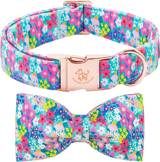 Elegant Little Tail Spring Floral Dog Collar, Cute Girl Dog Collars with Bow - Wildflowers Pink Puppy Collar, Adjustable Female Dog Collars Bowtie for Small Medium Large Dogs