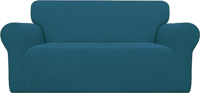 Easy-Going Stretch Loveseat Slipcover 1-Piece Sofa Cover Furniture Protector Couch Soft with Elastic Bottom for Kids Polyester Spandex Jacquard Fabric Small Checks (Loveseat, Peacock Blue)