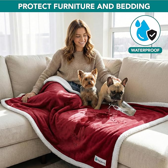 PetAmi Waterproof Dog Blanket for Couch, Pee Proof Sherpa Fleece Reversible Pet Throw, Furniture Protector for Bed Sofa Kennel, Soft Washable Cover for Small Medium Dog Puppy Cat, 29x40 Wine Red
