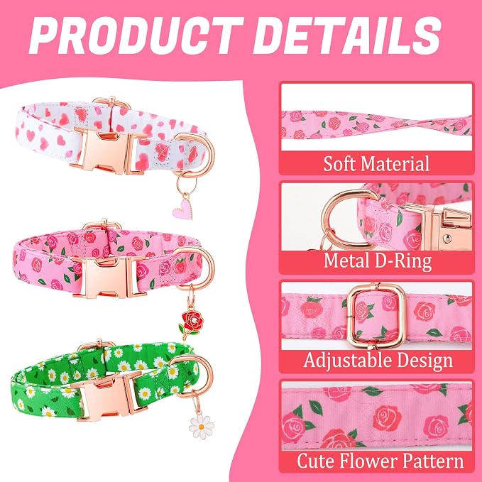 3 Pack Floral Dog Collars for Medium Dogs Pink Dog Collar with Flower Pendant for Girl Female Dogs Adjustable Pet Collars (12-18.9 inch)