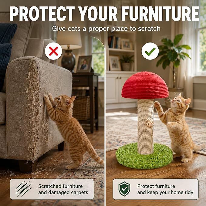 Mushroom Cat Scratching Post 11" for Kitten & Small Cats, Mini Cat Tree Stable Base, Natural Sisal Scratcher with Hanging Ball, Space Saving Indoor Cat Toy for Small Spaces and Apartments