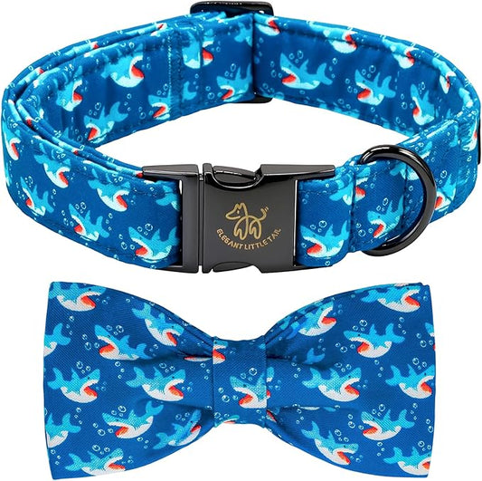 Elegant little tail Dog Collar, Shark Print Pet Collar with Bow, Summer Male Puppy Collars Bowtie Soft Adjustable Dog Collar for Small Medium Large Dogs