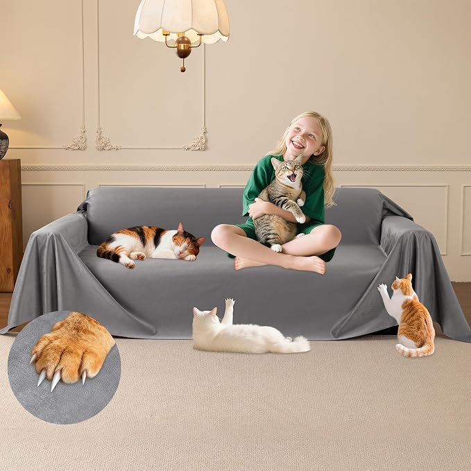 Loiion Velvet Sofa Cover, Ultra Soft Waterproof Non-Slip Couch Cover for Pets, Cat-Scratch Resistant Couch Cover, Pet & Kid Proof Scratch & Hair Resistant Washable Furniture Protector 150"X91" Grey