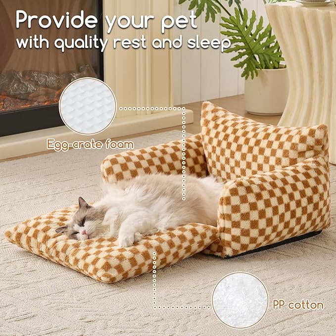 Hollypet Cat Bed Fluffy Plush Multifunctional Double-Layer Machine Washable Soft Warming Kitty Pet Couch Orthopedic Nest Beds for Small Cats Kitten and Dogs up to 13lbs, Brown ＆ Yellow(25x20x13in)