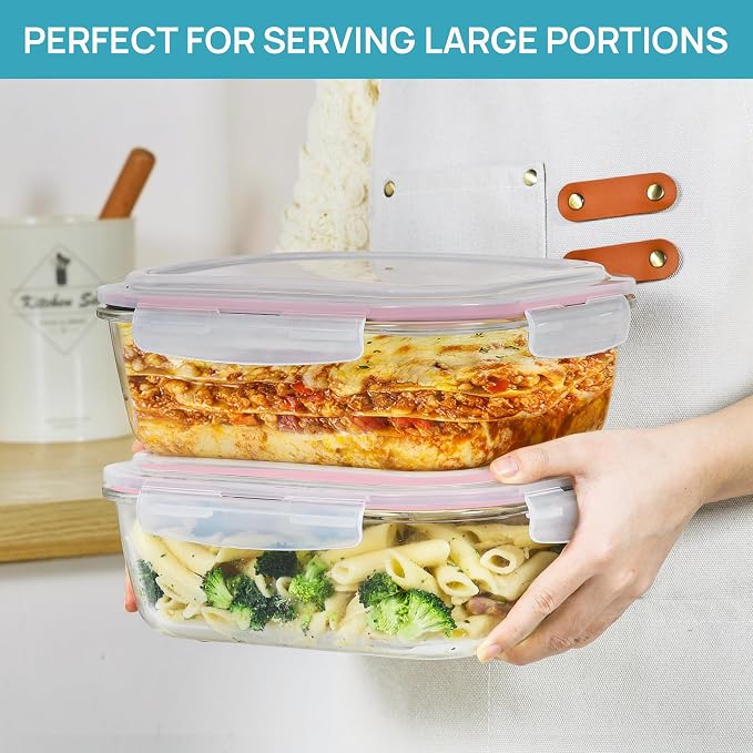 Vtopmart 2Pack 2260ml/ 76.4oz Large Glass Storage Containers with Lids, Meal Prep Food Container Set with Snap Airtight Lid for Baking, Microwave, Oven, Leak Proof, for Freezer, Dishwasher, Pink