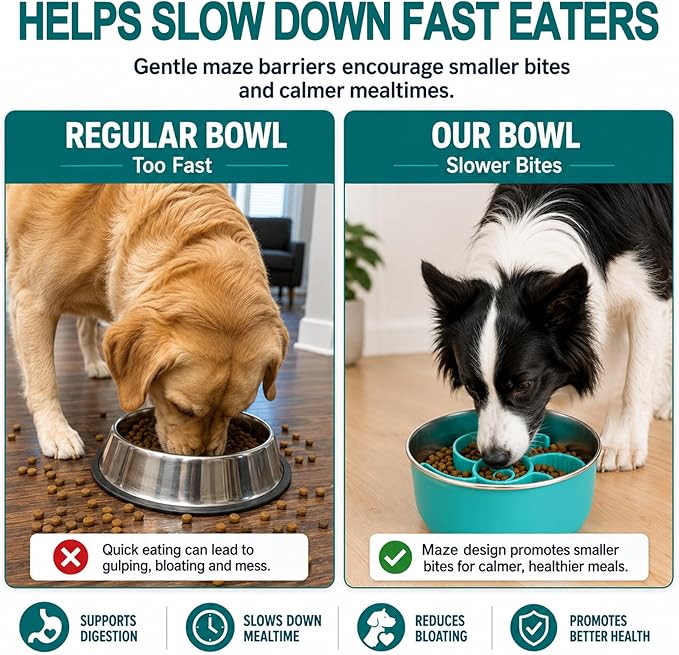 Large Dog Bowl 8 Cups Stainless Steel with Slow Feeder Insert and Lick Mat Storage Lid, 3-in-1 Non-Slip Pet Bowl for Kibble, Wet Food,Travel