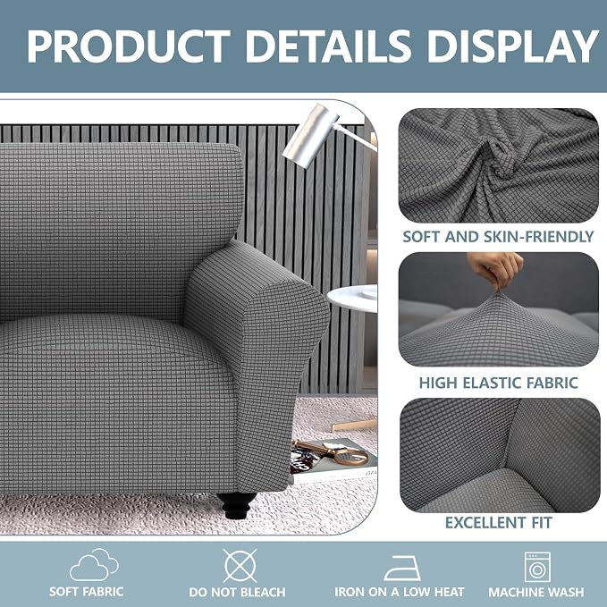 Stretch Couch Covers for 2 Separate Cushion Couch Sofa -Living Room Couch Sofa Cover,Washable Sofa Slipcover,Pet Friendly Furniture Protector with Elastic Bottom,Universal Fit for Home(Gray,Loveseat)