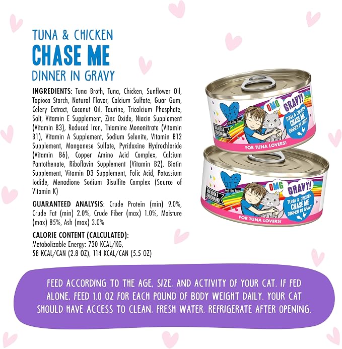 Weruva B.F.F. OMG - Best Feline Friend Oh My Gravy!, Tuna & Chicken Chase Me with Tuna & Chicken, 2.8oz Can (Pack of 12)