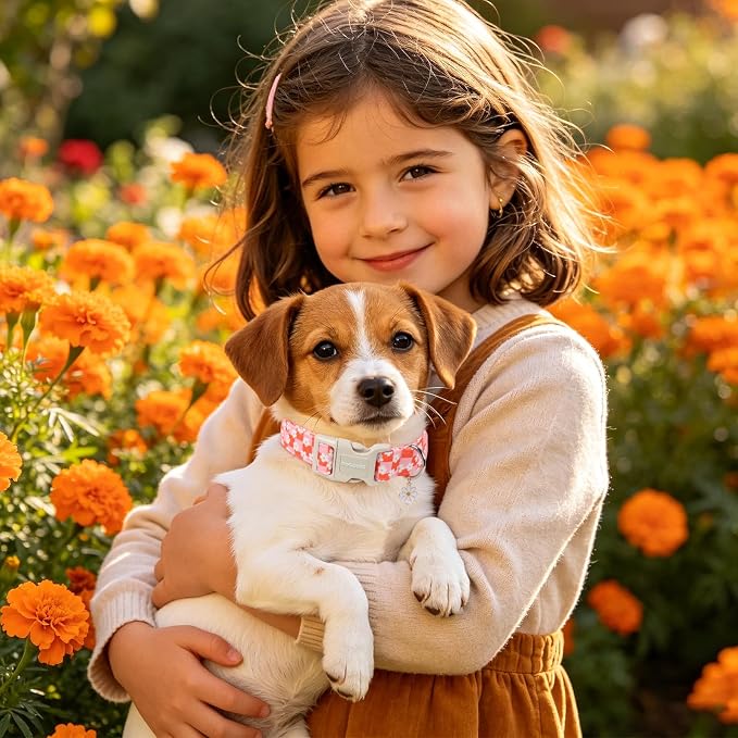 DOGWONG Pink Checked Dog Collar for Large Dogs, Flower Girl Dog Collars, Floral Pink Girly Dogs Collars for Large Dogs, Neck 42-66 inches