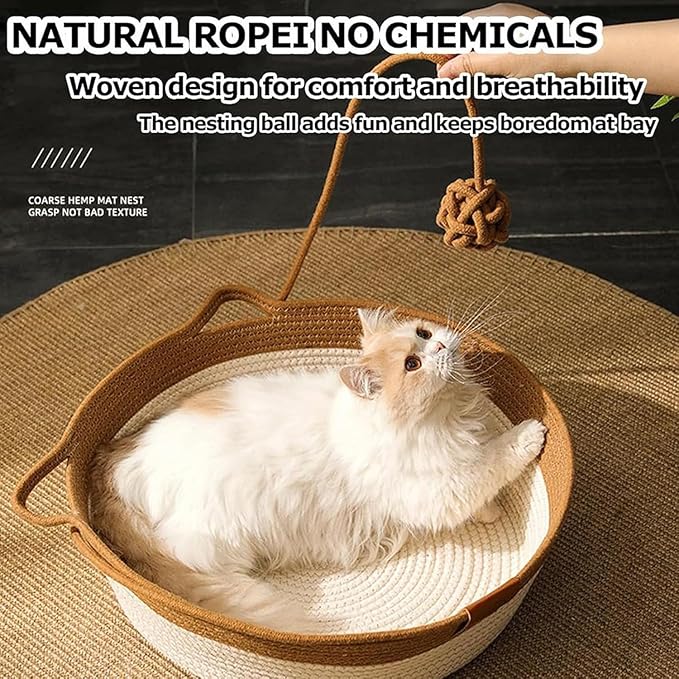 Instinct Basket, Stimuli Handwoven cat Basket Rope Cotton with Cushion, Eliminates Bed Rejection Round Pet Basket, Boho Catbed for Cats Handwoven Scratchable Breathable Weave (Small-B)
