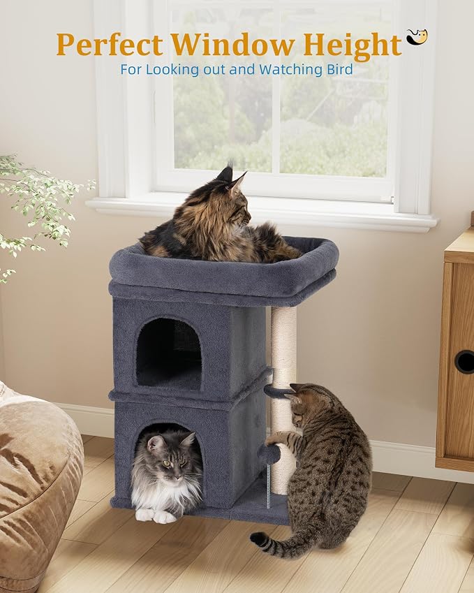 Aechonow Cat Tree for Large Cat, 19x16.5In Large Cat Perch, Adult Cat Tower for Indoor Cats with 24In Long Scratching Post, 2 Cozy Cat Condo House for Adult & Fat Cats, Dark Gray