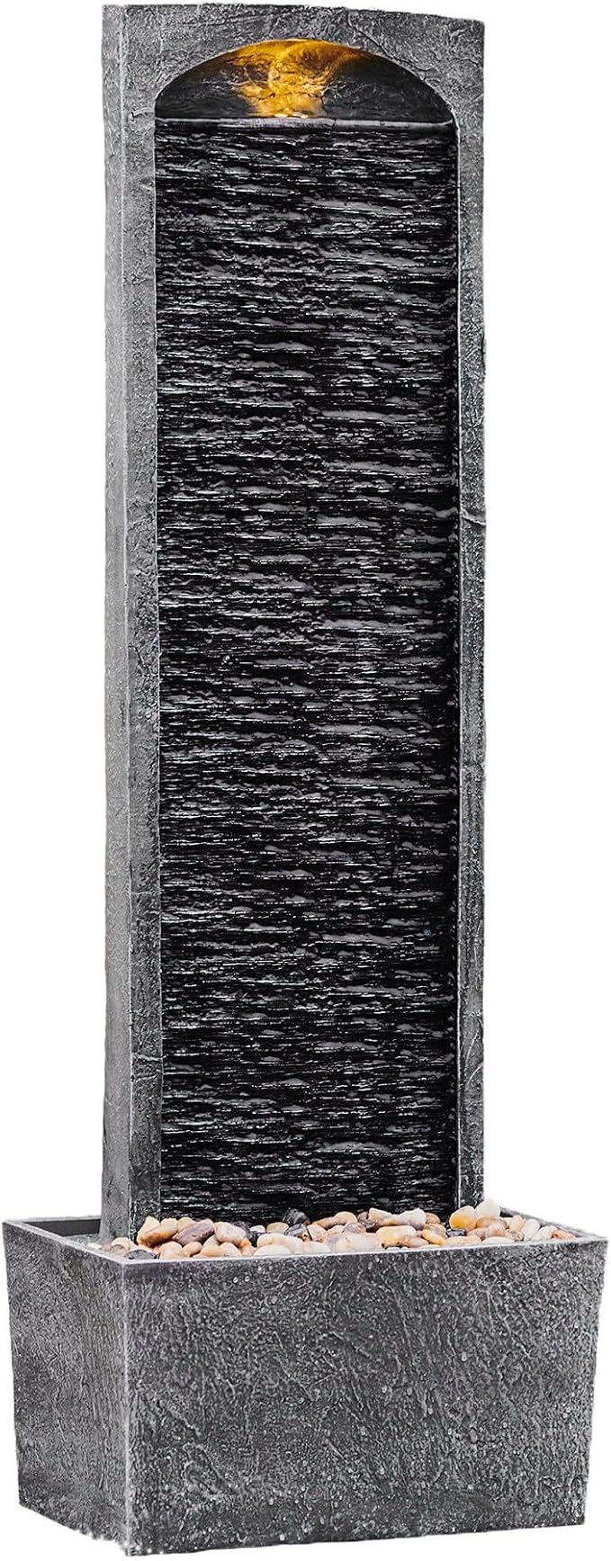 Teamson Home 38.5" Faux Slate Contemporary Outdoor LED Waterfall Fountain with Pebble Base, Gray/Black