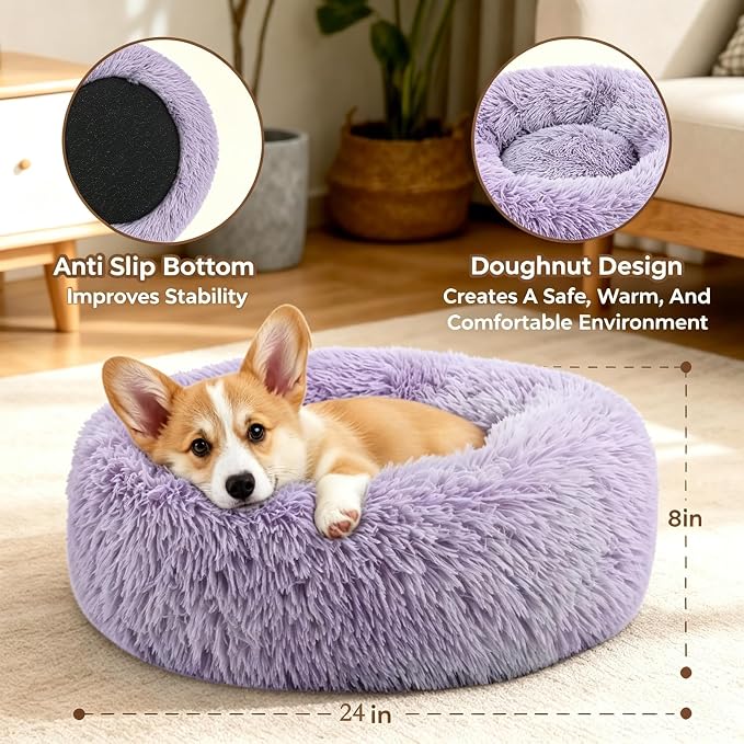 Calming Anti-Anxiety Donuts Dog And Cat Bed, Round Fluffy Soft Washable Small Medium Pet Bed For Puppy And Kitten, Cuddler Warming Comfortable Luxury Anti-Slip Waterproof Mute Base 24in Purple