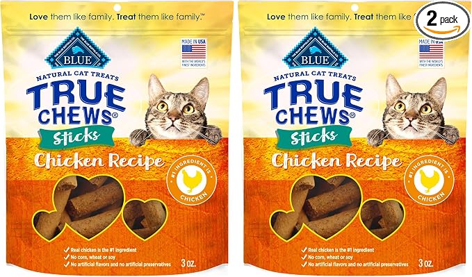 Blue Buffalo True Chews Sticks Natural Cat Treats, Chicken Recipe, Meaty & Savory Treats Made in The USA, 3-oz. Bag (Pack of 2)