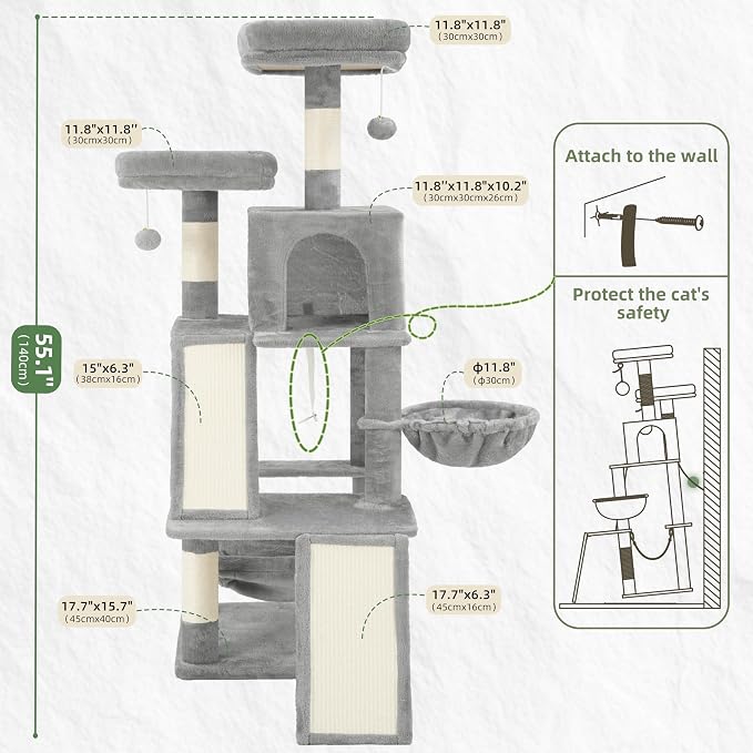 Gitelsnour Multi-Level Cat Tree for Indoor Cats, Cat Tower with 2 Scratching Boards, 2 Plush Padding Platforms, Cat Condo House with Hammock, Basket, Light Gray GCT022W