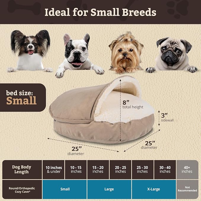 Snoozer Cozy Cave Dog Bed - Indoor Dog Bed with Cover Cave, Covered Calming Burrow for Small Sized Pets with Blanket Attached, Enclosed, Removable Washable Cover - Small, Buckskin