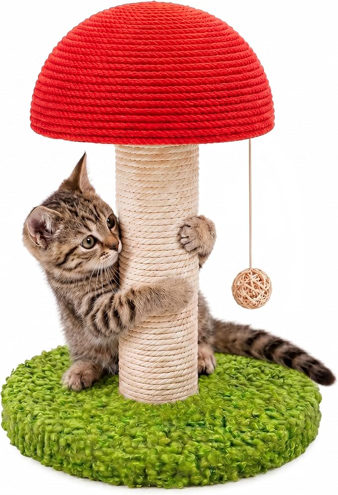 Mushroom Cat Scratching Post 11" for Kitten & Small Cats, Mini Cat Tree Stable Base, Natural Sisal Scratcher with Hanging Ball, Space Saving Indoor Cat Toy for Small Spaces and Apartments