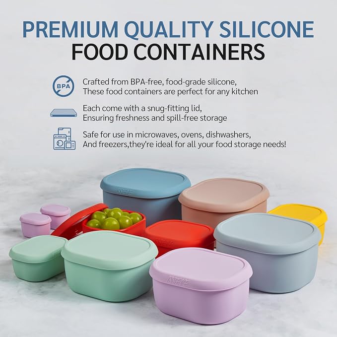 ISSEVE 12Pcs/Set Nesting Silicone Food Storage Containers with Lids, BPA Free Reusable Meal Prep Silicone Containers Airtight, Freezer Dishwasher Safe (33.8oz, 20oz, 10oz, 6.7oz, 1.3oz) (Grey)