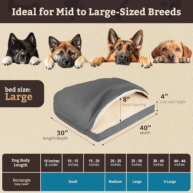 Snoozer Rectangle Cozy Cave Dog Bed - Indoor Dog Bed with Cover Cave, Covered Calming Burrow for Medium & Large Sized Pets with Blanket Attached, Enclosed, Washable Cover - Large, Anthracite