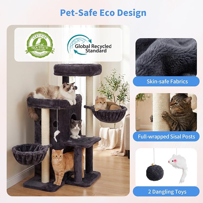 Heybly Cat Tree with Reinforced Big Base, 41.3-Inch Sturdy Cat Tower for Indoor Cats Featuring 2 Roomy Platforms, Double Cat Condo, 2 Cozy Baskets, Full Sisal Scratching Posts, Smoky Gray HCT075G