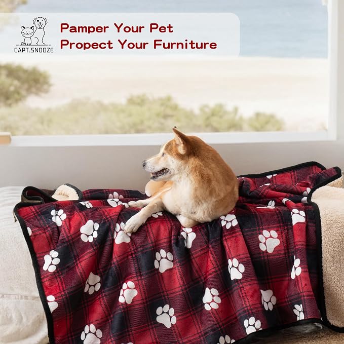 Waterproof Dog Blankets, 30"x40" Cat Blanket for Indoor Cats, Soft Fluffy Sofa Car Bed Protector, Reversible Sherpa Fleece Puppy Blanket for Small Medium Dogs Christmas Decor(Paw Red)
