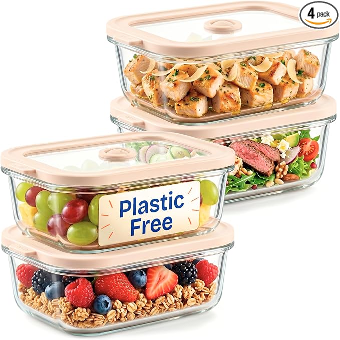 Ziruma Non-Toxic 2.6 Cup Glass Food Storage Containers With Lids - Soup Containers with Lids, Plastic Free Meal Prep, Airtight Food Container, Microwave and Freezer Safe, 4 Pack