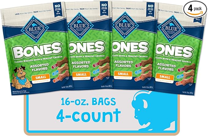 Blue Buffalo Bones Small Natural Dog Treats, Crunchy Dog Biscuits, Assorted Flavors - Beef, Chicken, Bacon Flavors, 16-oz. Bag (4 Pack)